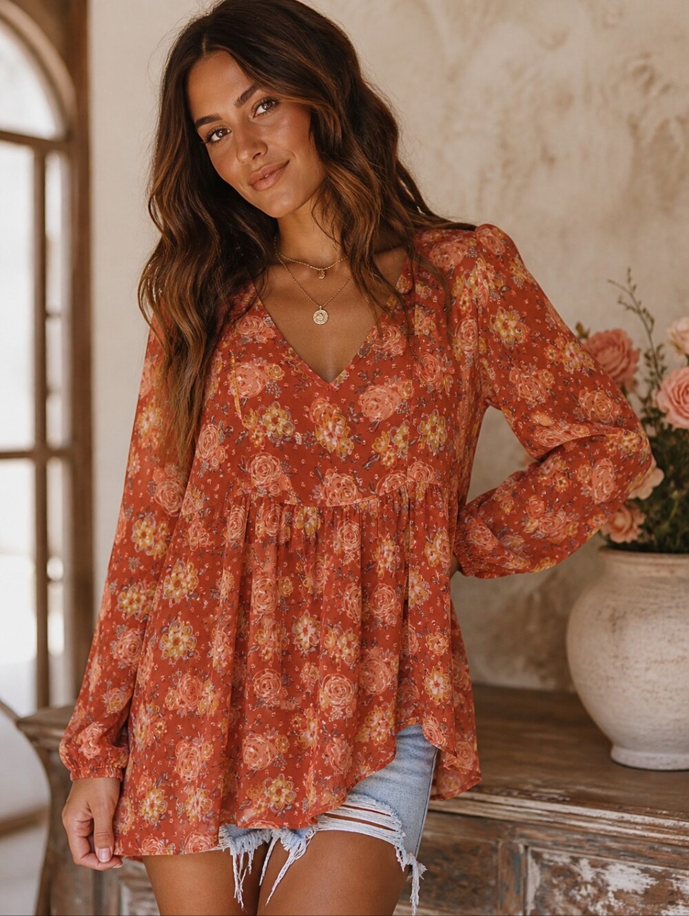 MATILDA JANE Peasant Blouse Womens Small Rust Orange Floral Babydoll Boho Fairy